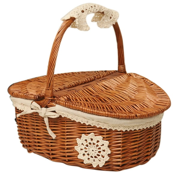 Picnic Basket Handmade Camping Wicker Picnic Basket Shopping Storage Basket with Lid and Wooden Handle