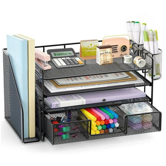 Desk Organizer and Accessories, 4-Tier Desktop File Organizer with Drawer and 2 Pen Holders, Office Desk Accessories & Workspace Organizers (Black)