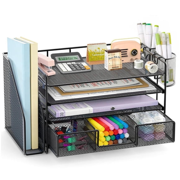 Organizador y Accesorios de Escritorio, Organizador de Archivos de Escritorio de 4 Niveles con Cajón y 2 Portalápices, Accesorios de Escritorio de Oficina y Organizadores de Espacio de Trabajo