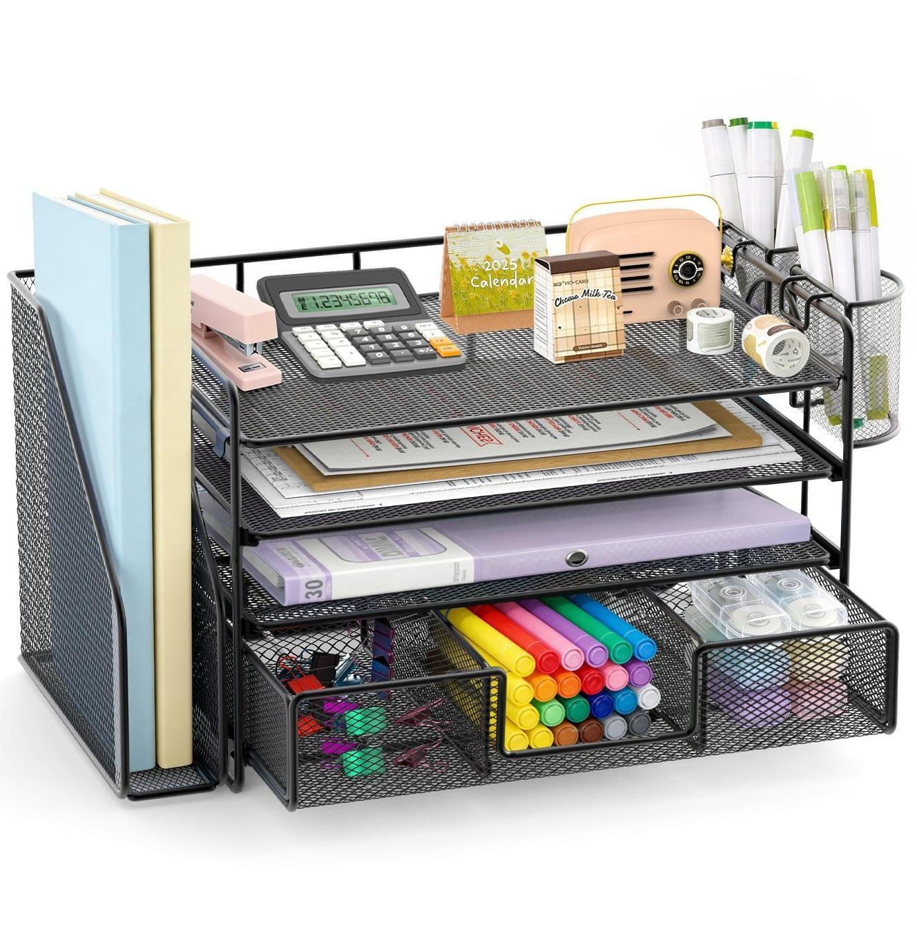 Desk Organizer and Accessories, 4-Tier Desktop File Organizer with Drawer and 2 Pen Holders, Office Desk Accessories & Workspace Organizers (Black)