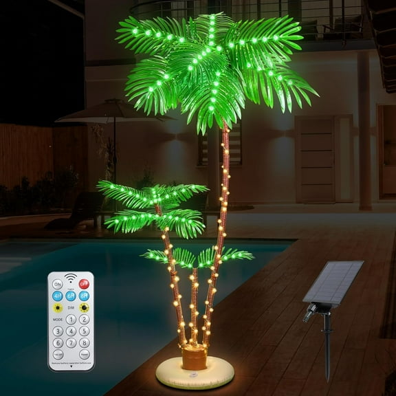 Solar Palm Tree Light 6' Outdoor Artificial with 3 Trunks LED Lighted and Remote for Christmas, for Patio Bar Home Party Yard Pool Porch Deck, Tropical Decor