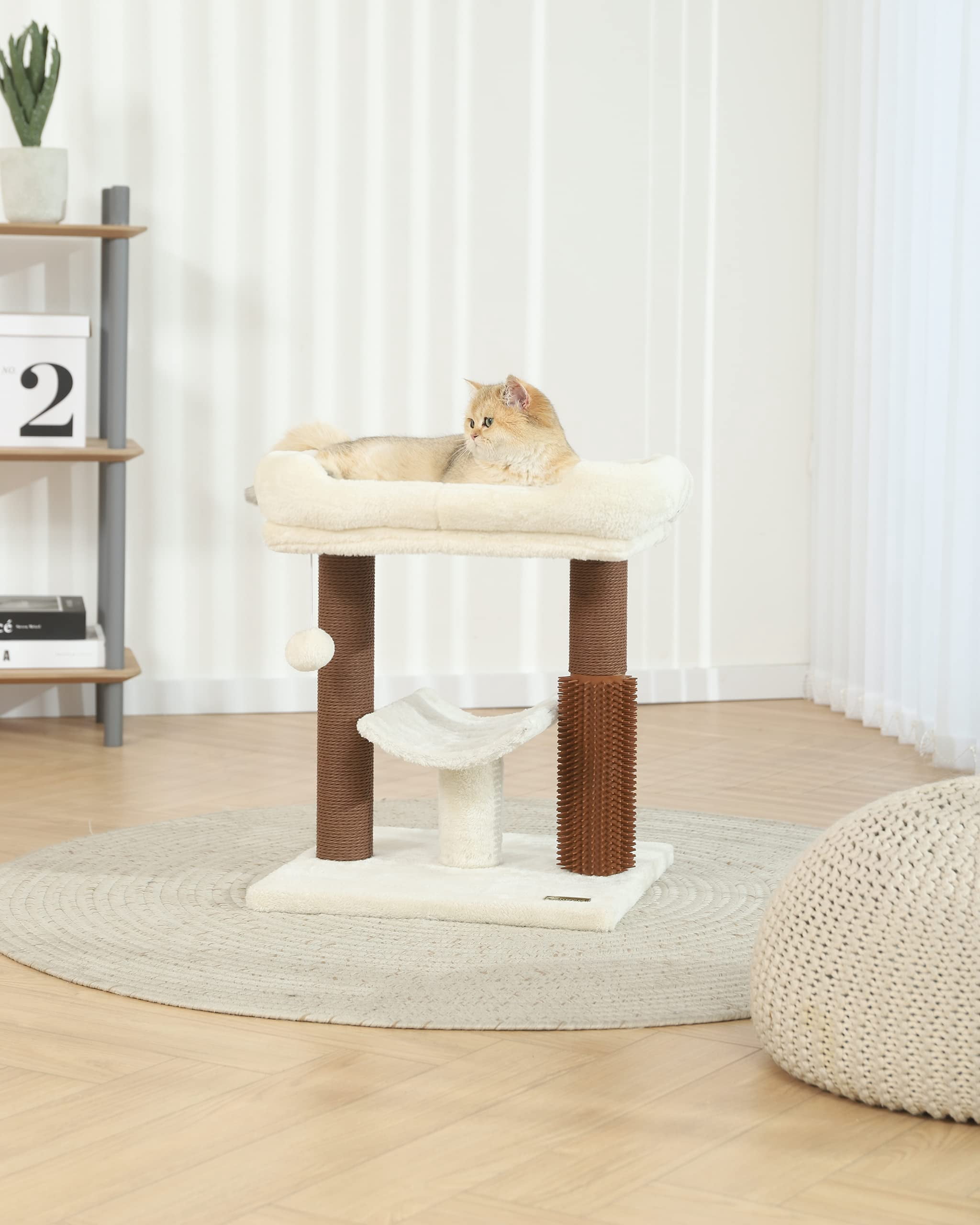 Hoopet 20" Cat Tree Tower, Scratching Post for Indoor Cats with Cozy Perch, Self Groomer & Interactive Ball,Beige