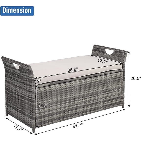 33 Gallon Rattan Wicker Deck Box with Cushion Waterproof Outdoor Storage Cabinet for Garden Pool Gray