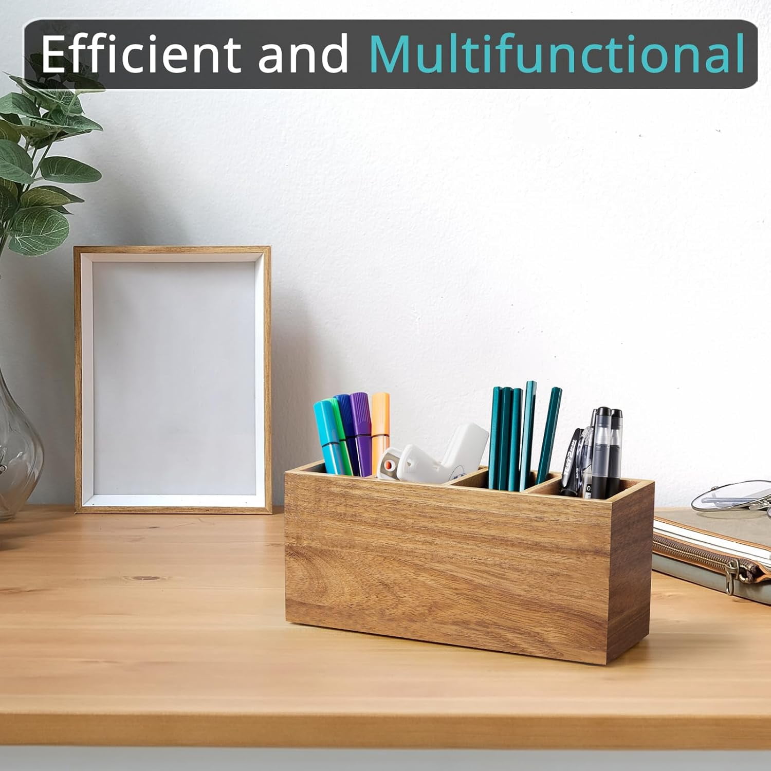 Pencil Pen Holder for Desk, Acacia Wood Office Desk Organizers and Accessories with 4 Slots Countertop, Makeup Brush Organizer Bathroom Vanity, Silverware Caddy Party