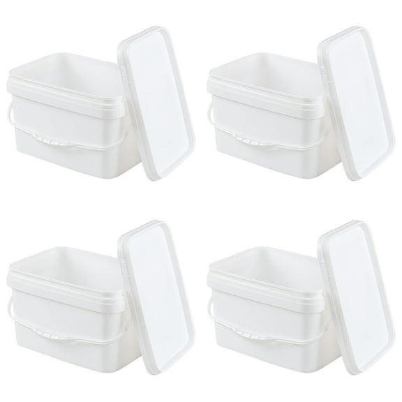 Kekow 4 Pack 3 Gallon Rectangle Plastic Bucket with Lid, Square Utility Food Bucket Pail with Lid and Handle, White