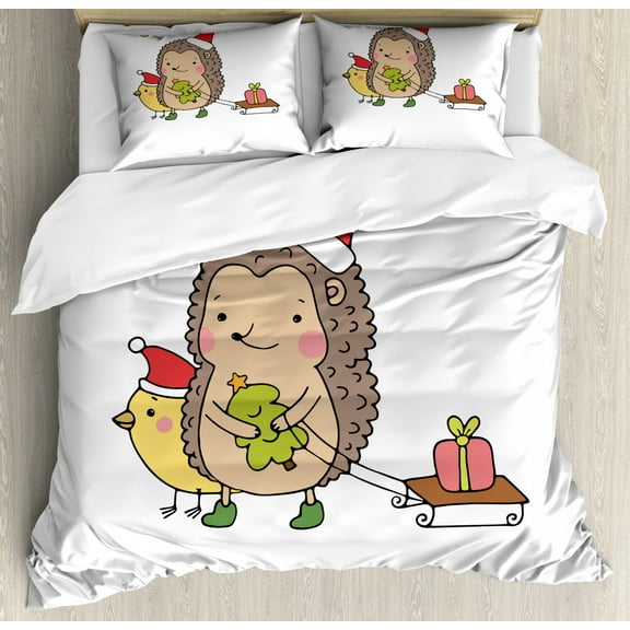 Hedgehog Duvet Cover Set Queen Size, Cartoon Hedgehog with Bird and a Christmas Tree Pulling Sled Holiday Themed Image, Decorative 3 Piece Bedding Set with 2 Pillow Shams, Multicolor, by Ambesonne