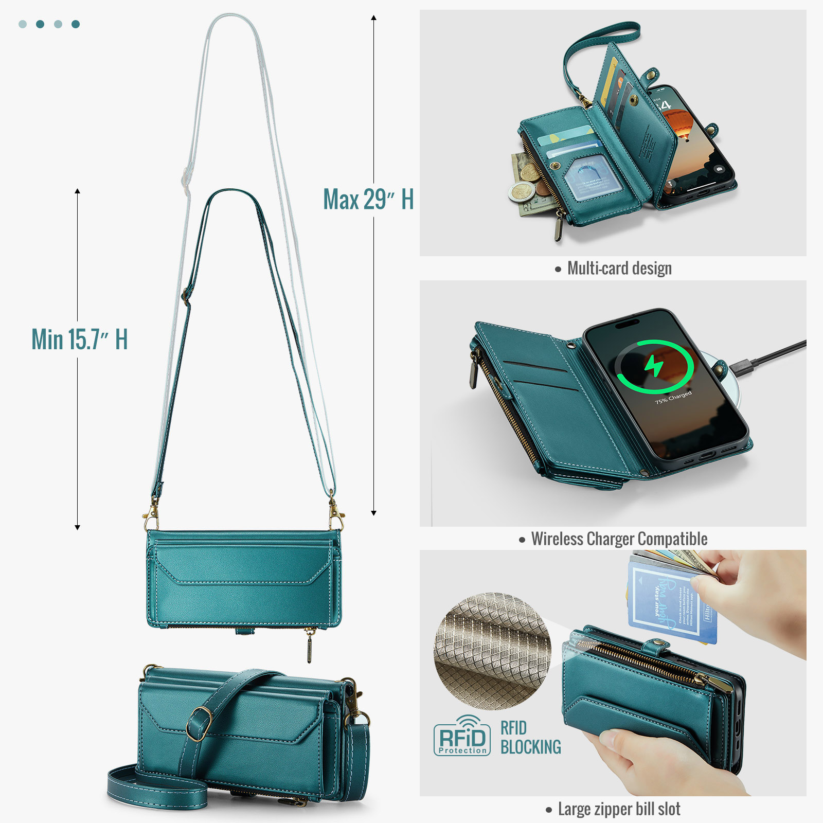 Asuwish Compatible with iPhone 16 Pro 6.3 inch Zipper Wallet Phone Case Tempered Glass Screen Protector Crossbody Lanyard Strap Flip Card Holder Slot Cell Cover for i Phone16 i16 16Pro Women Green