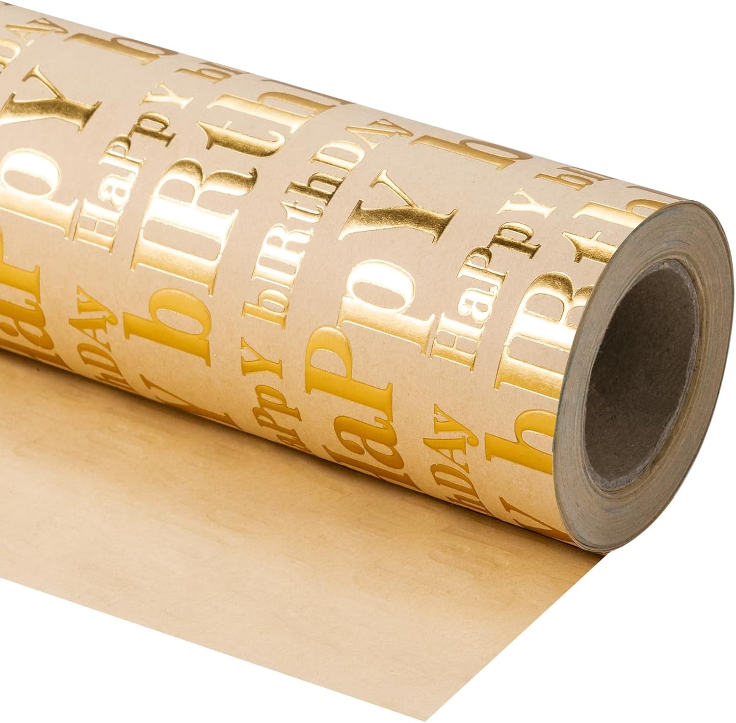 3D Kraft Birthday Wrapping Paper Roll - Mini Roll - 17 Inch x 16.5 Feet - Gold and Brown Happy Birthday Lettering Design with Embossed Perfect for Holiday, Party Celebration