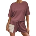 thumbnail image 2 of Lumtrix Two Piece Sets for Women Dressy Casual Ribbed Knit Short Sleeve Top Matching Shorts Lounge Set 2026 Summer Outfits Wine 2XL, 2 of 4