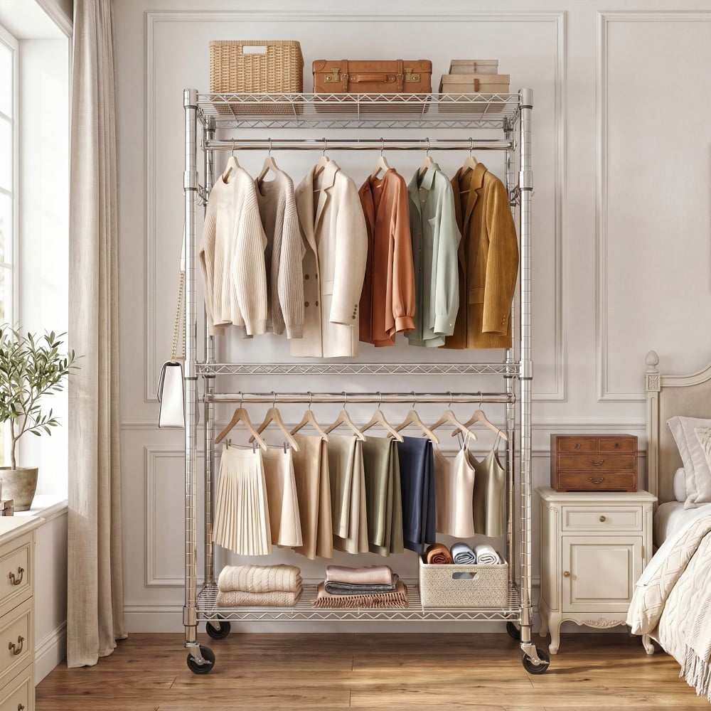 Heavy Duty Rolling Garment Rack, 3-Tier Adjustable Wire Shelving Clothes Rack with 2 Hanging Rods, Side Hooks & Lockable Wheels, Chrome