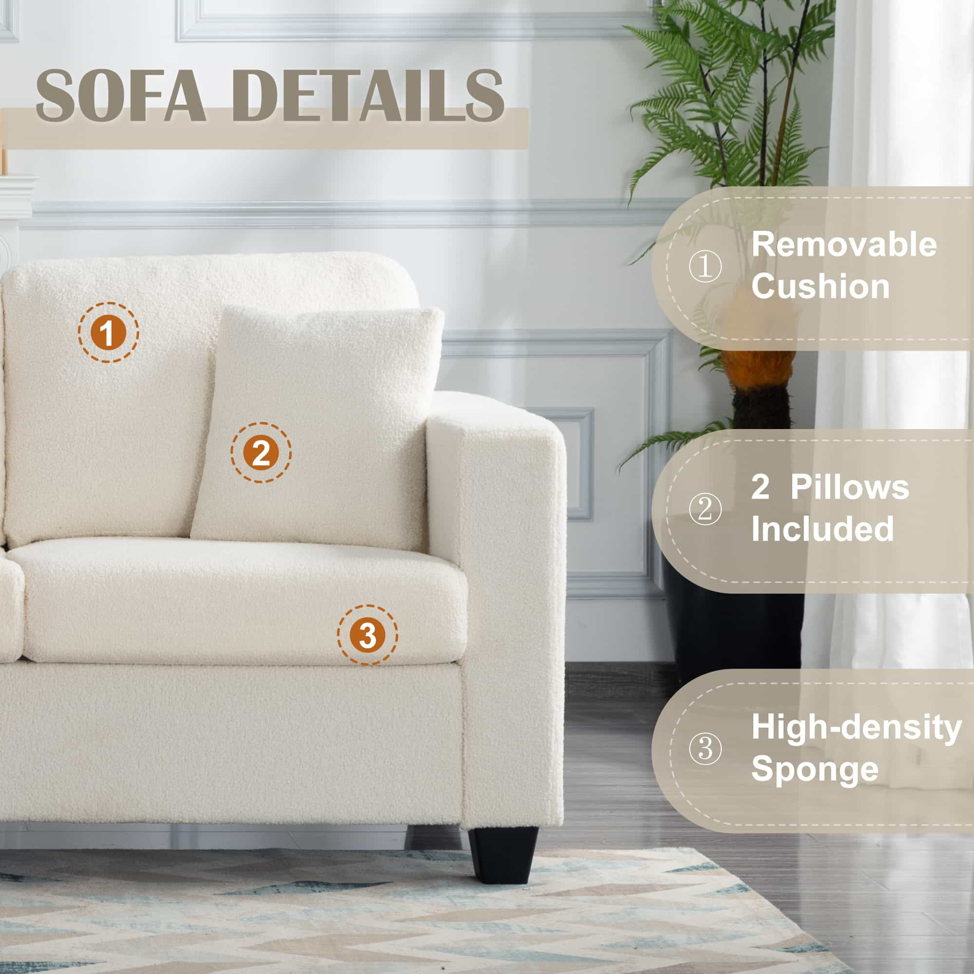 BSHTI 86.6 inch Modern Style Teddy Fabric Sofa with 2 Pillows,Featuring Extra-Wide Deep Sofa,Suitable for Living Room,Bedroom,Office Beige