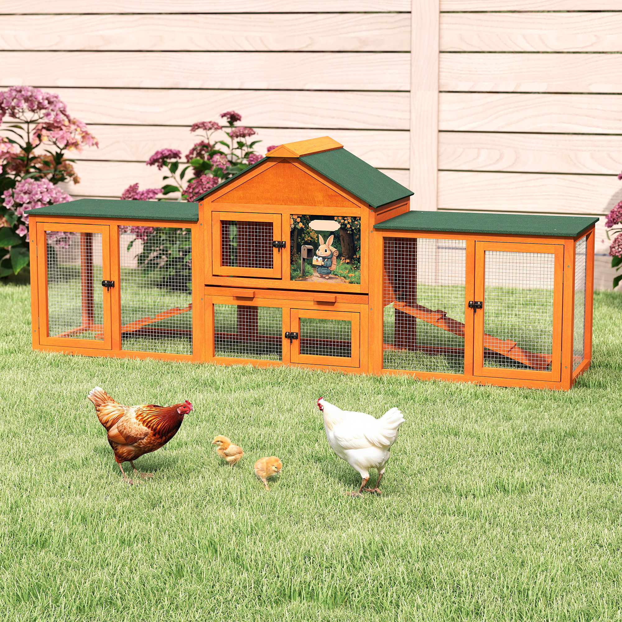 83”Large Wooden Rabbit Hutch Outdoor Easy to Assemble，Rabbit Cage Bunny Hutch Indoor with Cleaning Tray & Waterproof Roof for Small&Medium Bunny Rabbit，Orange