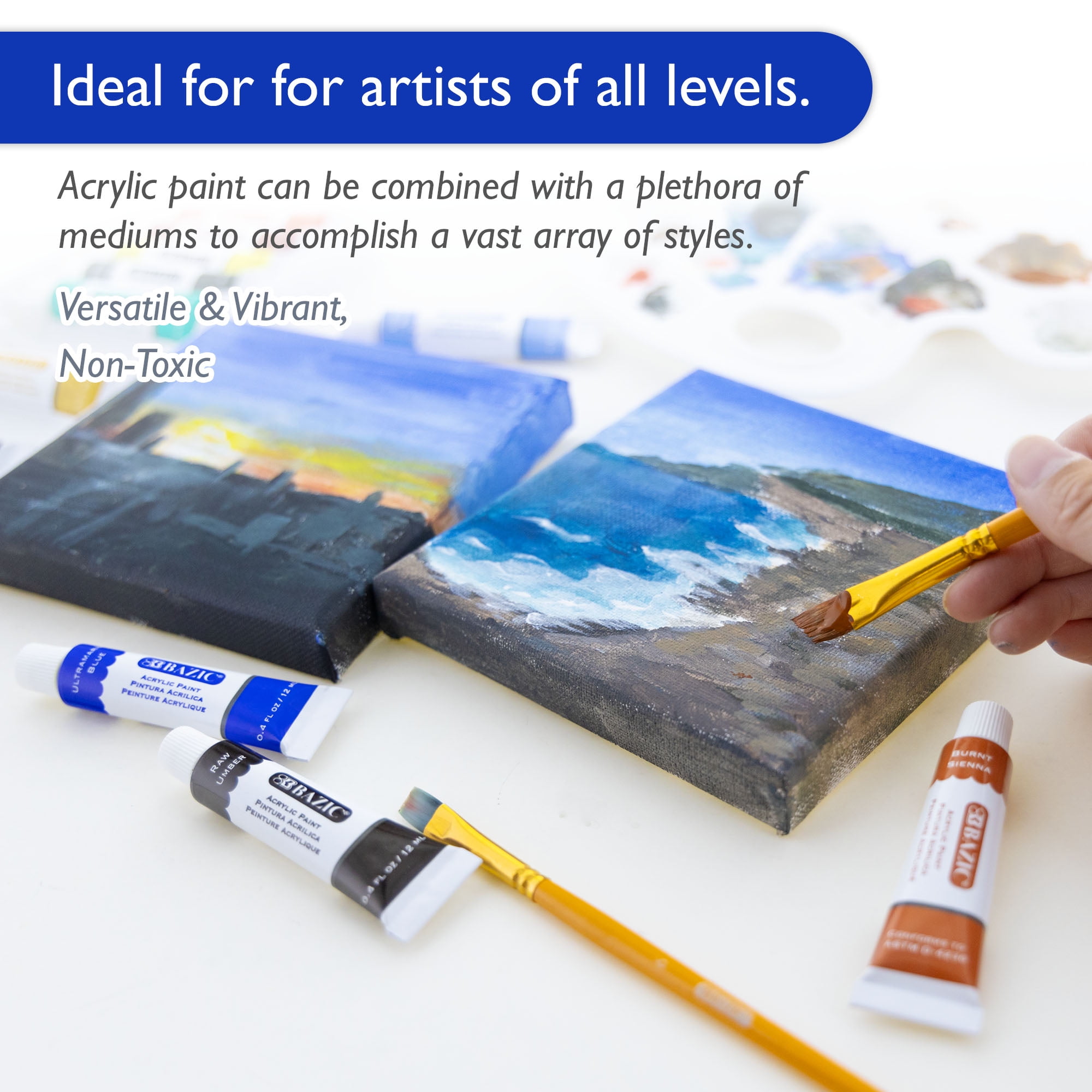 BAZIC Acrylic Paint 12 Colors 0.4 oz/12 ml, Non-Toxic Craft Paint Set, 12-Pack