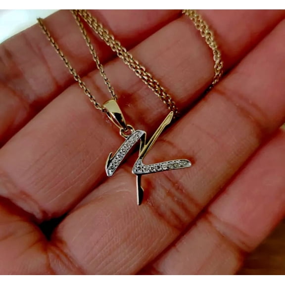 1Ct Round Cut Real Moissanite Initial Letter ''K'' Pendant 14K Yellow Gold Plated Silver