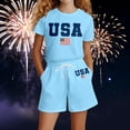 thumbnail image 2 of SGMVNU Girls 2 Piece Summer Outfits Casual Short Sleeve Graphic Tee Matching Drawstring Shorts Set Tracksuits Size 5-6 Years Blue, 2 of 4