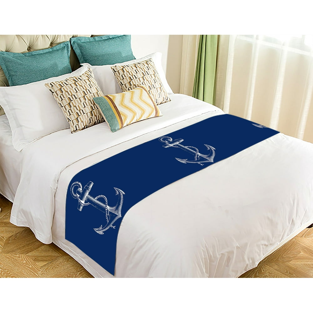 GCKG Blue Anchor Bed Runner,Nautical Navy Blue Anchor Bed Runner