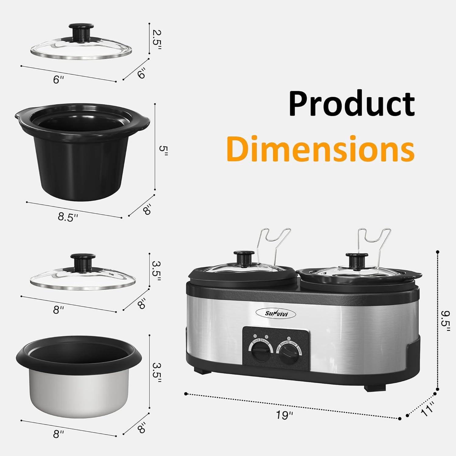 Sunvivi 2 in 1 Slow Cooker and Rice Cooker, Multi Slow Cooker with 1.5 QT Ceramic Pot & 3 Cup Rice Cooker , Non-Stick Aluminum Pot & Indicator Lights, Dual Control Knob, Stainless Steel