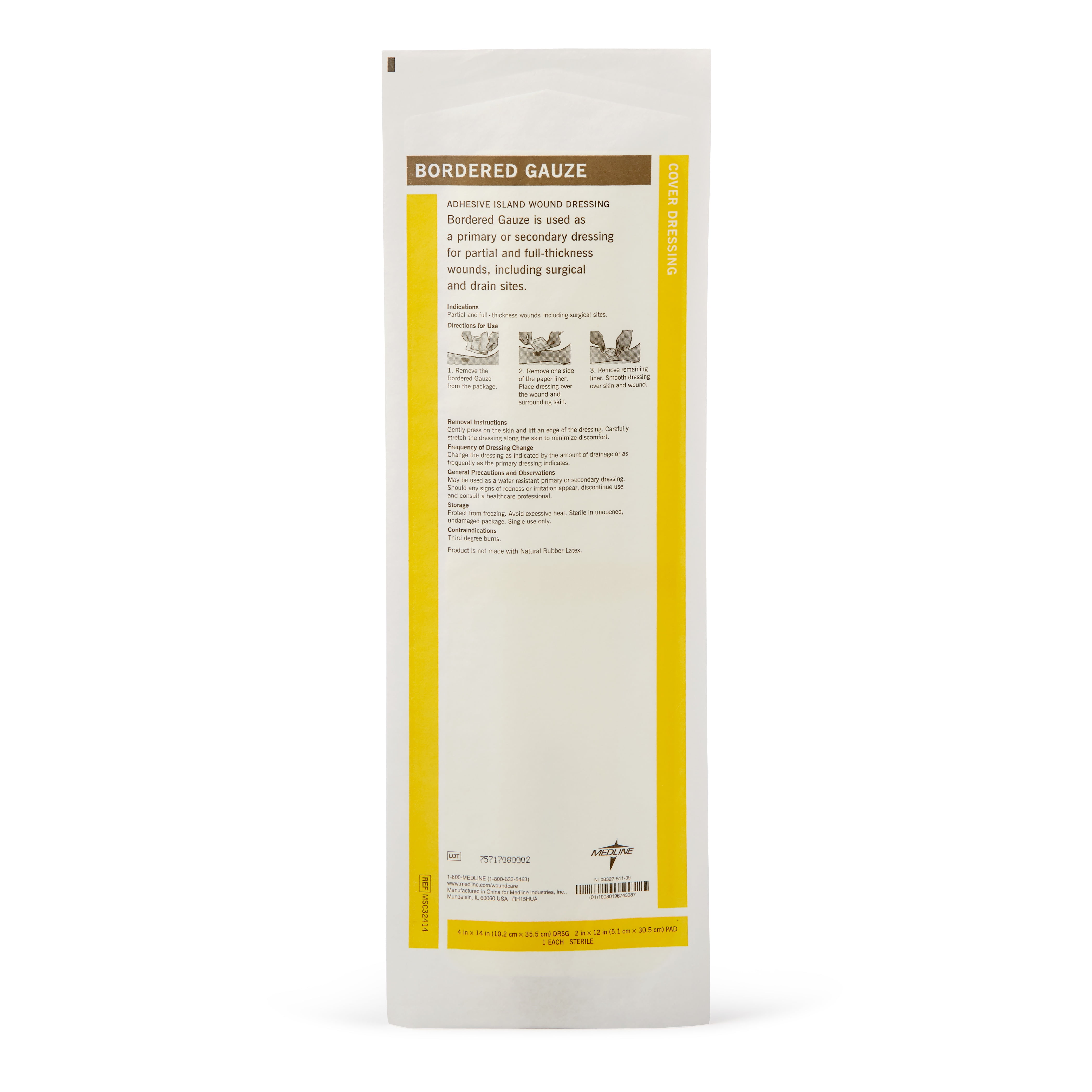 Medline Bordered Gauze, Adhesive Island Wound Dressing, Sterile, 4"x14", 15 Count