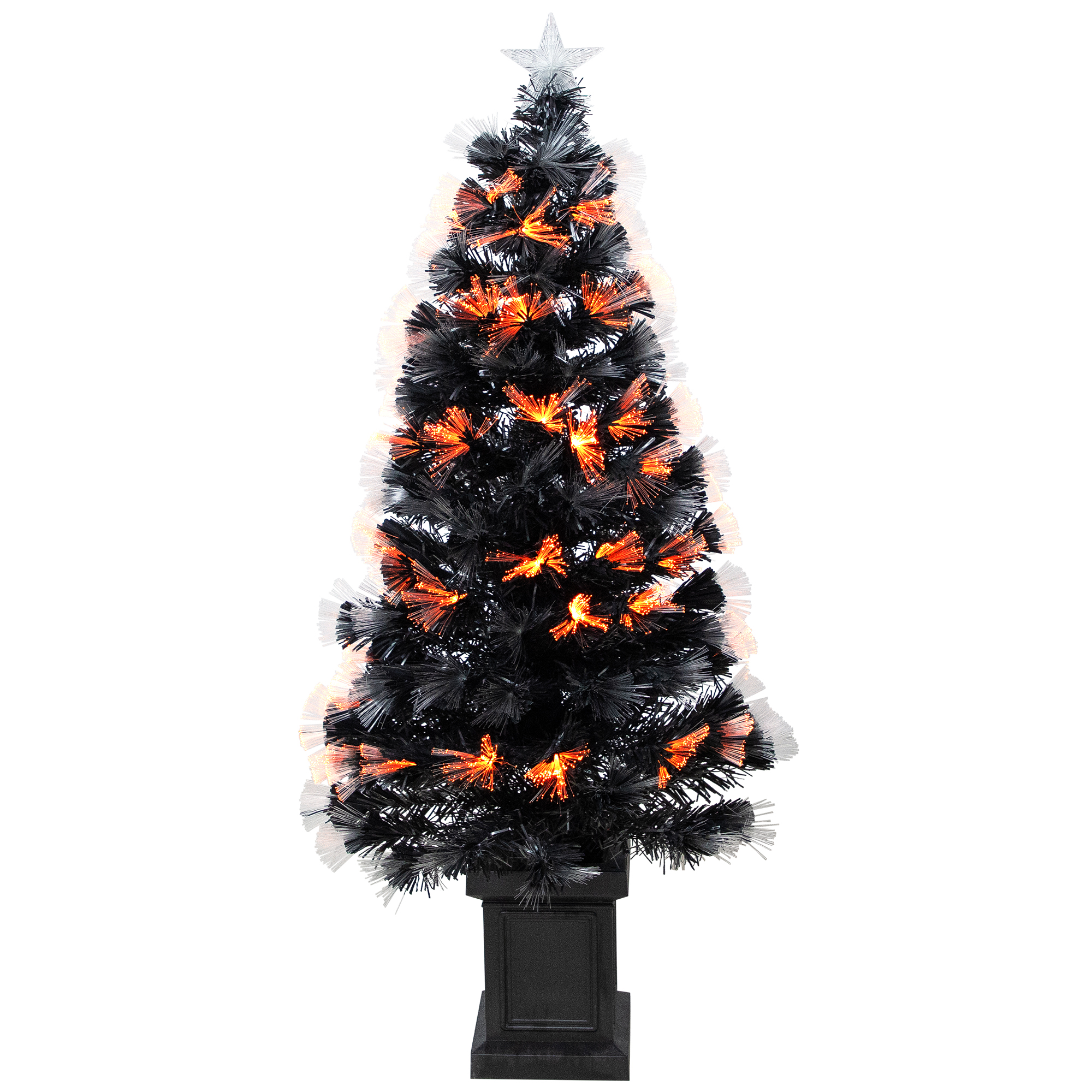 8-Function Fiber Optic Artificial Pine Potted Halloween Tree - 4' - Black - Orange and Purple LED