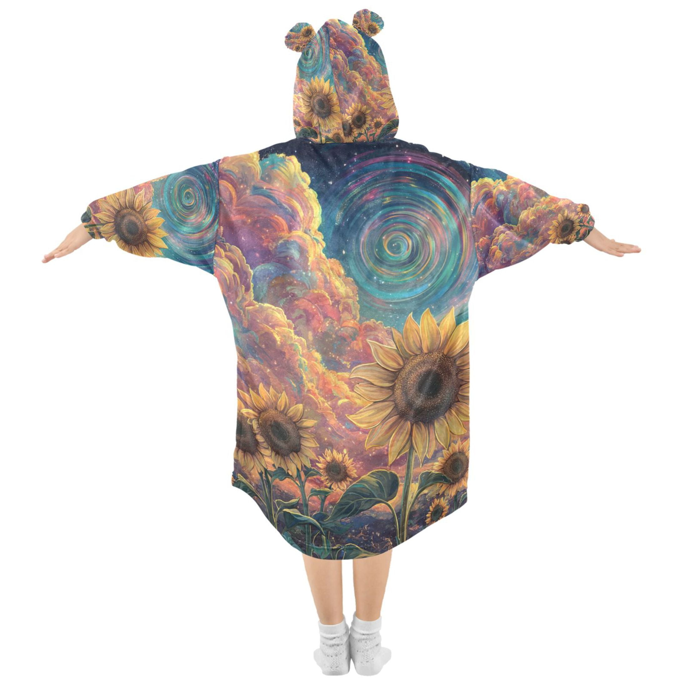 YAZAOO Kids Wearable Blanket Hoodie Warm and Cozy Sunflowers under A Cosmic Sky Flannel Sweatshirt