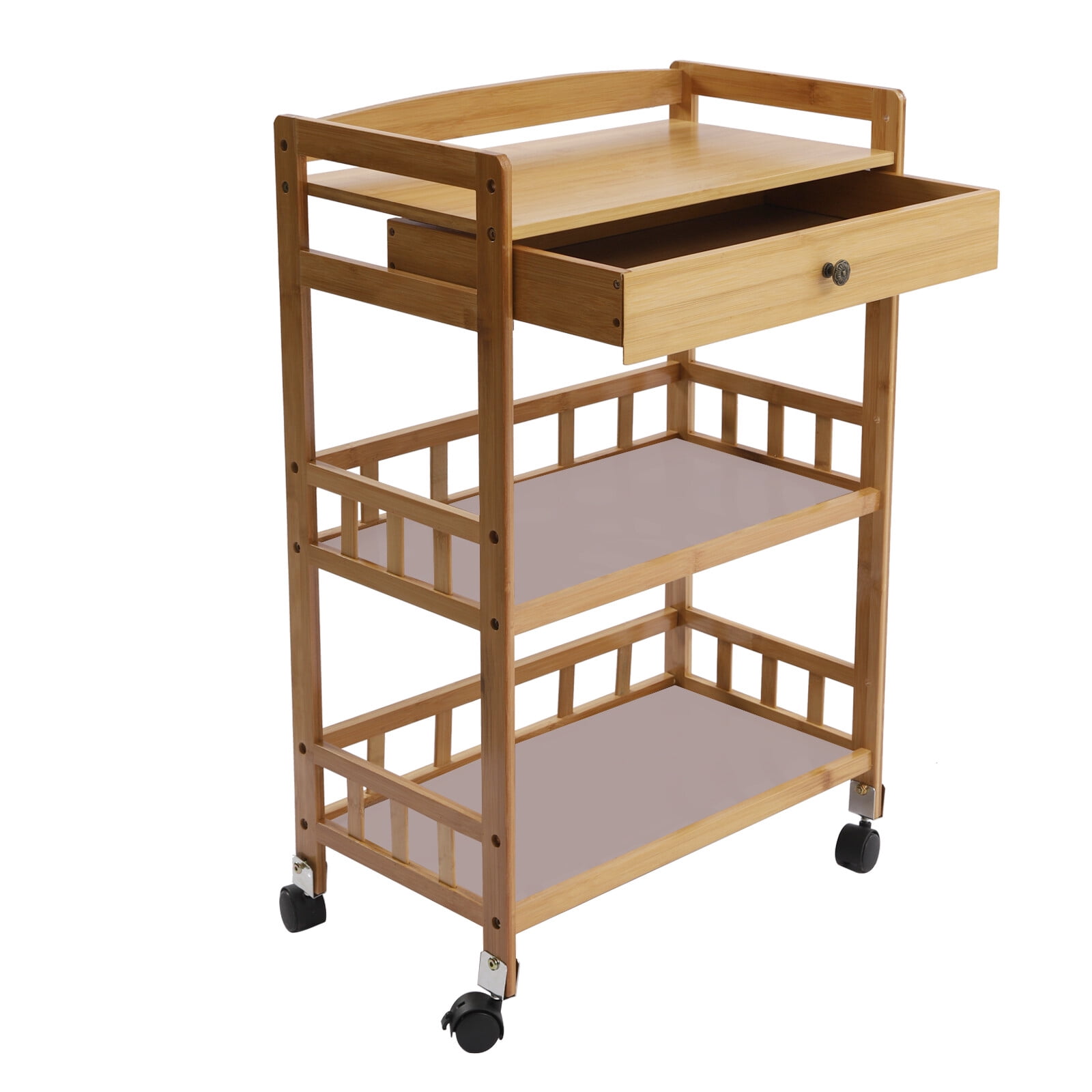 3 Tier Bamboo Kitchen Serving Cart, Rolling Kitchen Island Cart with Storage Drawer, Universal Lockable Casters, Anti-Slip Nets, Food Prepping Cart for Home Dining Room Hotel