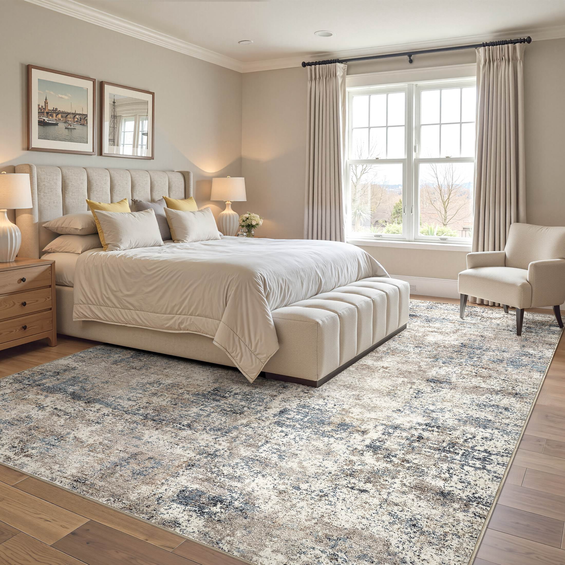 MICGEEK 10x14 Washable Area Rugs for Living Room, Modern Abstract Printed Rug, Vacuum-Friendly, Non Slip Indoor Rug for Bedroom Dining Room Home Decor Carpet, Blue/Brown