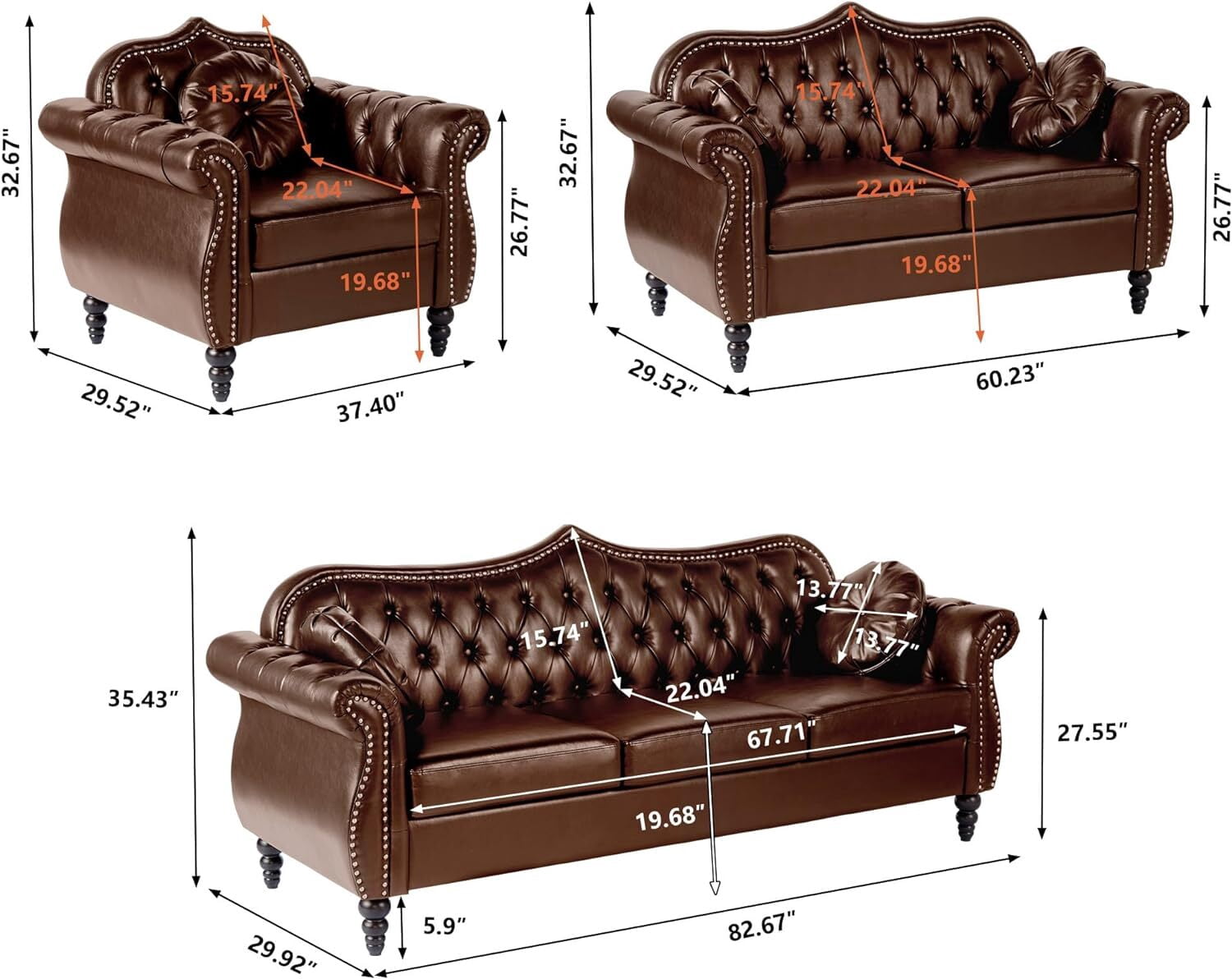 Giratree Living Room Furniture Sets, Chesterfield 3 Piece Sofa Set, Faux Leather Couch, Brown