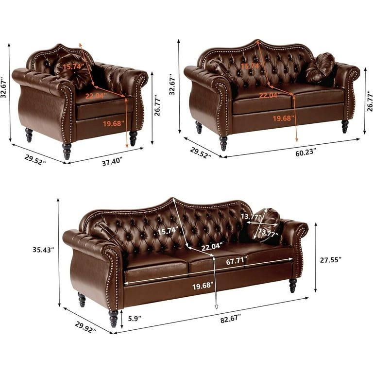 Giratree Living Room Furniture Sets Chesterfield 3 Piece Sofa Set Faux Leather Couch Brown Size 1 2 3 Seat
