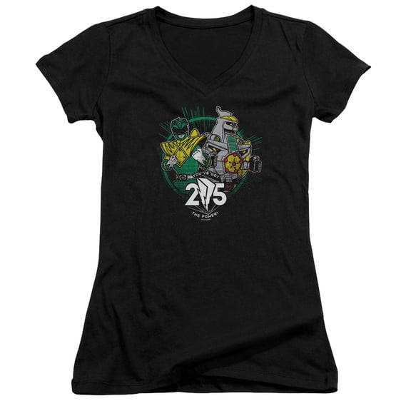 Power Rangers Green 25 Junior Women's V-Neck T-Shirt Black