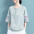 thumbnail image 6 of fatyb Plus Size Linen Shirts Embroidery Short Sleeve Button up Vintage Tops Casual Boho Blouses for Women, 6 of 7