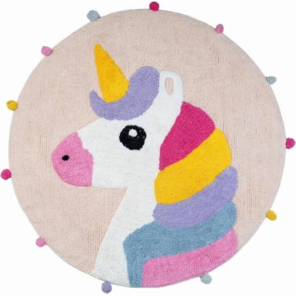 HomeRoots 635393 32 in. Pink & Yellow Cotton Unicorns Round Youthful Bath Rug