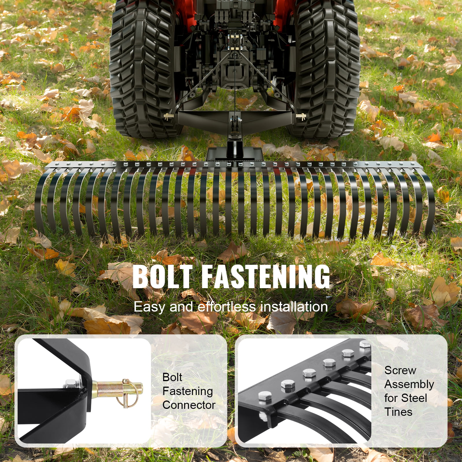 KFFKFF Pull-Behind Thatch Remover, 60" Width, Equipped with 32 Durable Steel Prongs, Tractor-Compatible 3-Point Hitch Garden Rake, Ideal for Soil Preparation and Grass Maintenance