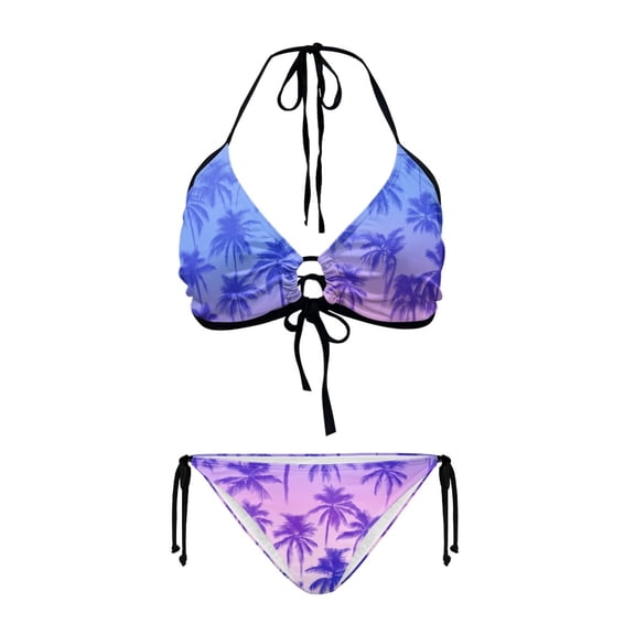 Chririnla Tropical Gradient Palm Tree Halter Bikini Set - Sexy Two-Piece Triangle Swimsuit for Beach Vacation & Pool Party | Quick Dry, Figure Hugging Design