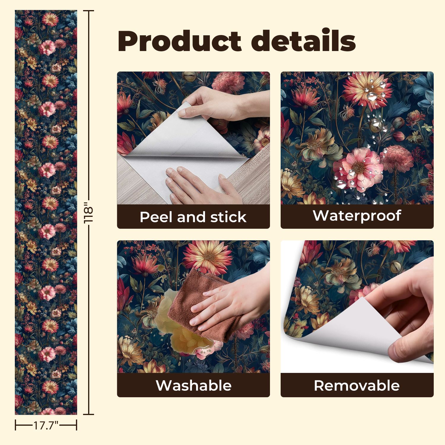 Peel and Stick Wallpaper 17.7in x 9.8ft Floral Botanical Vibrant Pink Red Yellow Blooms Dark Blue Contact Paper Vinyl Self-Adhesive Removable Wall Paper for Bedroom DIY Home Decor Renter Friendly