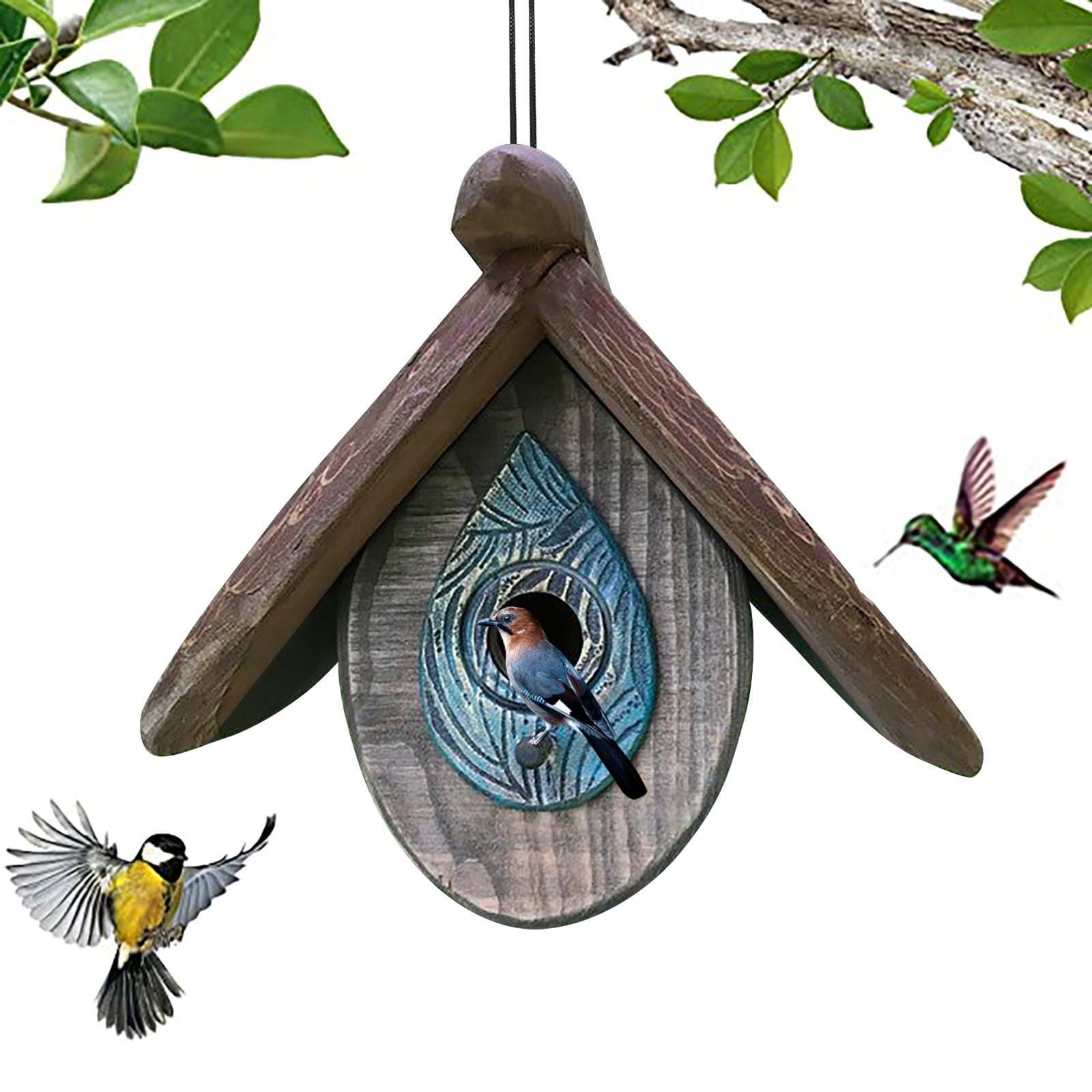 NIUREDLTD Hand Carved Wood Birdhouses Hanging Bird House Outdoor Garden