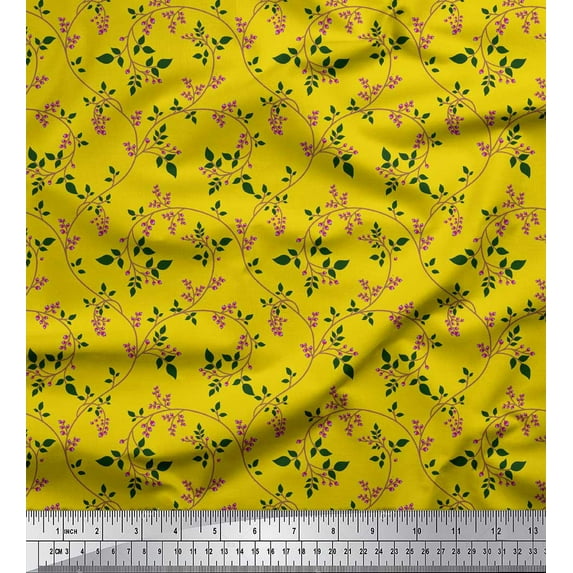Soimoi Yellow Moss Georgette Fabric Berries Leaves Decor Fabric Printed Yard 42 Inch Wide