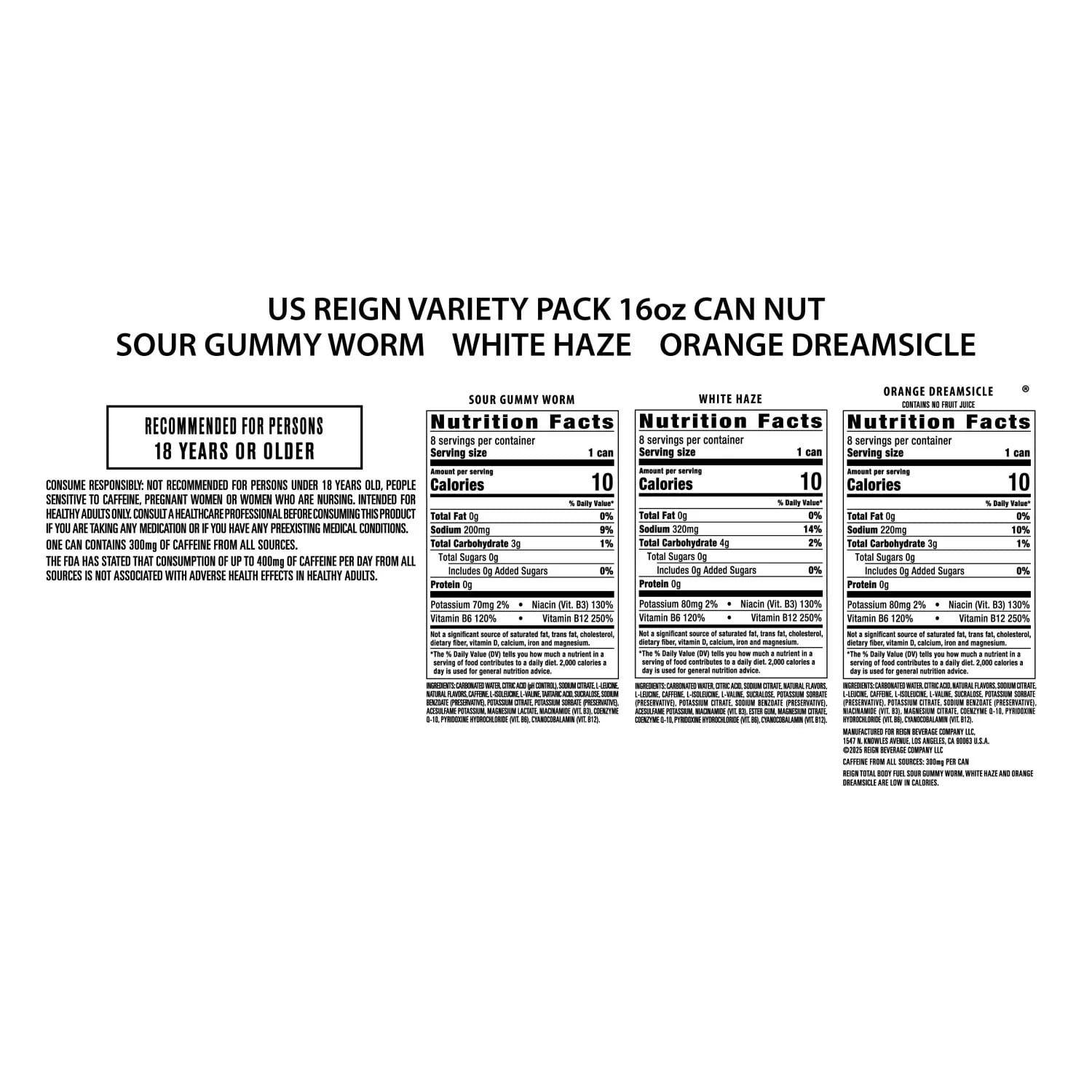 Reign Total Body Fuel Variety Pack, 16 Fluid Ounce (Pack of 24)