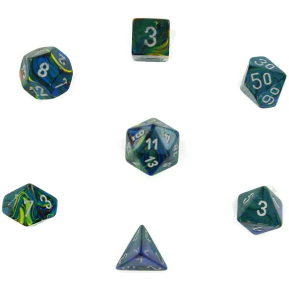 Green Festive Dice with Silver Numbers 16mm (5/8in) Set of 7 Chessex