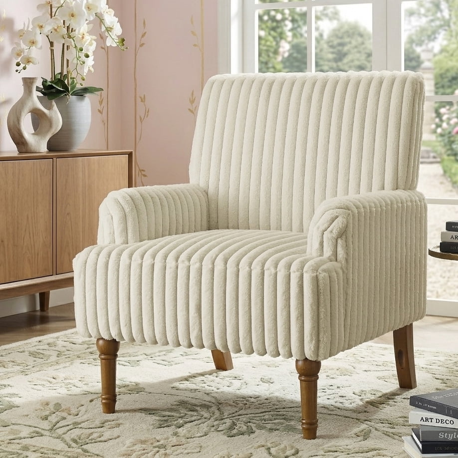 Aukfa Mid Century Corduroy Accent Chair, Wide Wale Upholstered Armchair with 9" Wood Legs for Living Room Bedroom,Beige