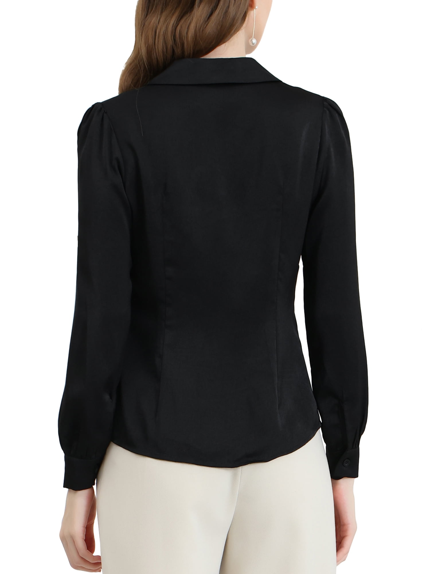 DARING DIVA Women's Flat Collar Button Down Office Satin Shirt L Black