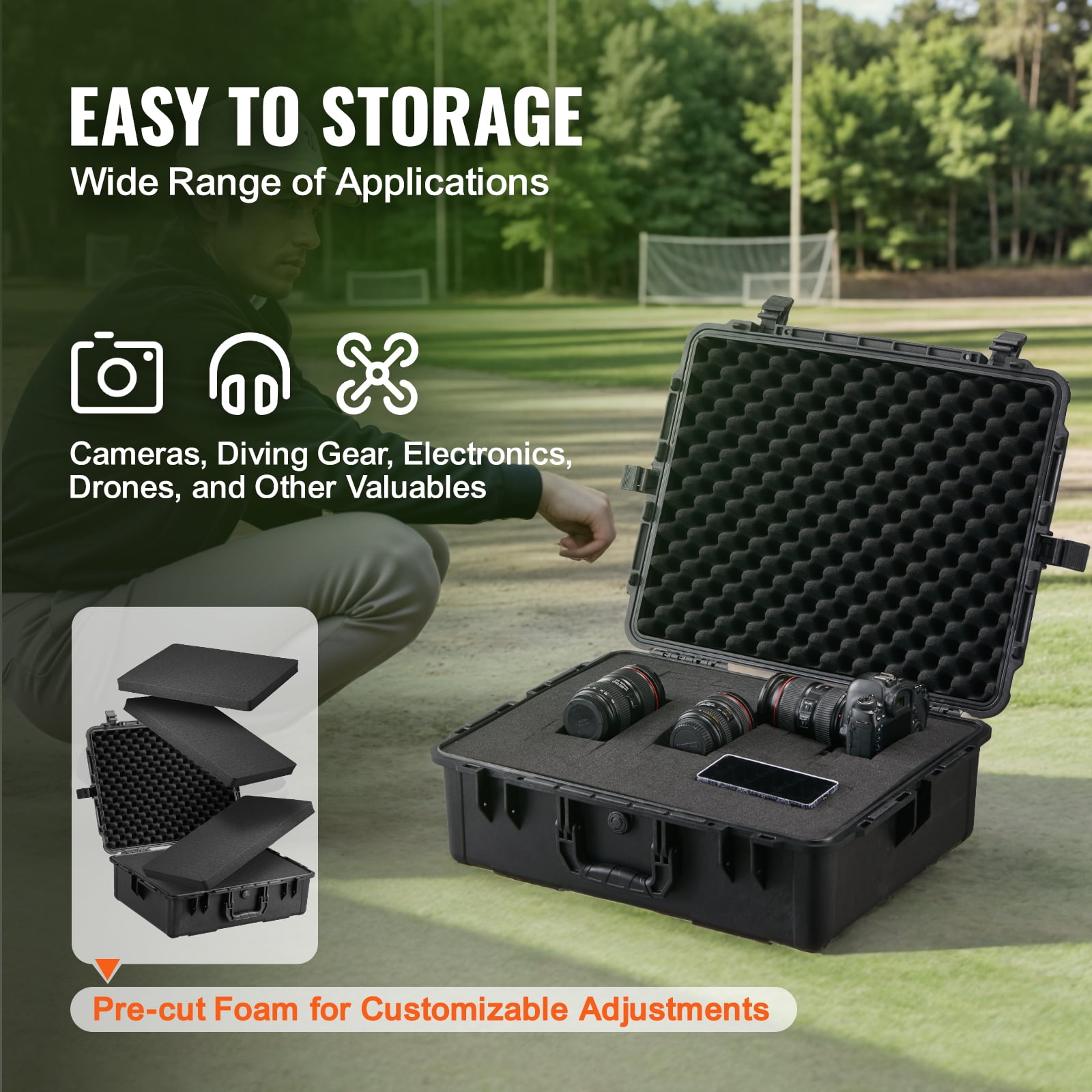 VEVOR Weatherproof Hard Case, Heavy Duty Protective Dry Box Case with Pre-cut Foam, and Retractable Pull Handles for Travel, Hunting, Military, Tactical, IP67 Waterproof Case for Cameras (56.1x37x26)