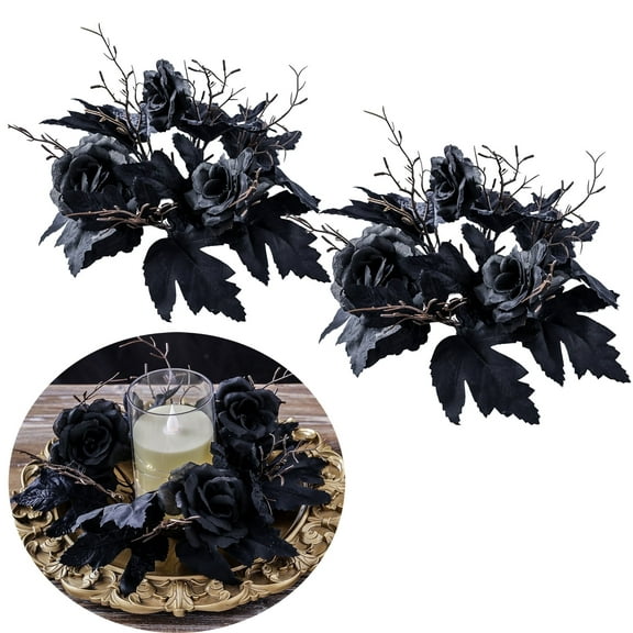 TETOU 2Pcs Halloween Candle Rings Wreath for Pillar Candle Holder, Maple Leaf Black Rose Small Wreaths for Fall Thanksgiving Home Table Centerpieces, Cabinet Decorations - Black