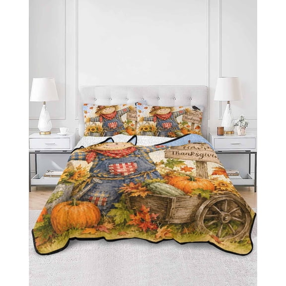 Quilts King Size, Pumpkins Fall Soft Comforter Bedding Set for Bed, Thanksgiving Leaves Farmhouse Art Lightweight Quilted Bedspread with Pillow Cover(2 Pieces) for All Season, 96x106 Inch