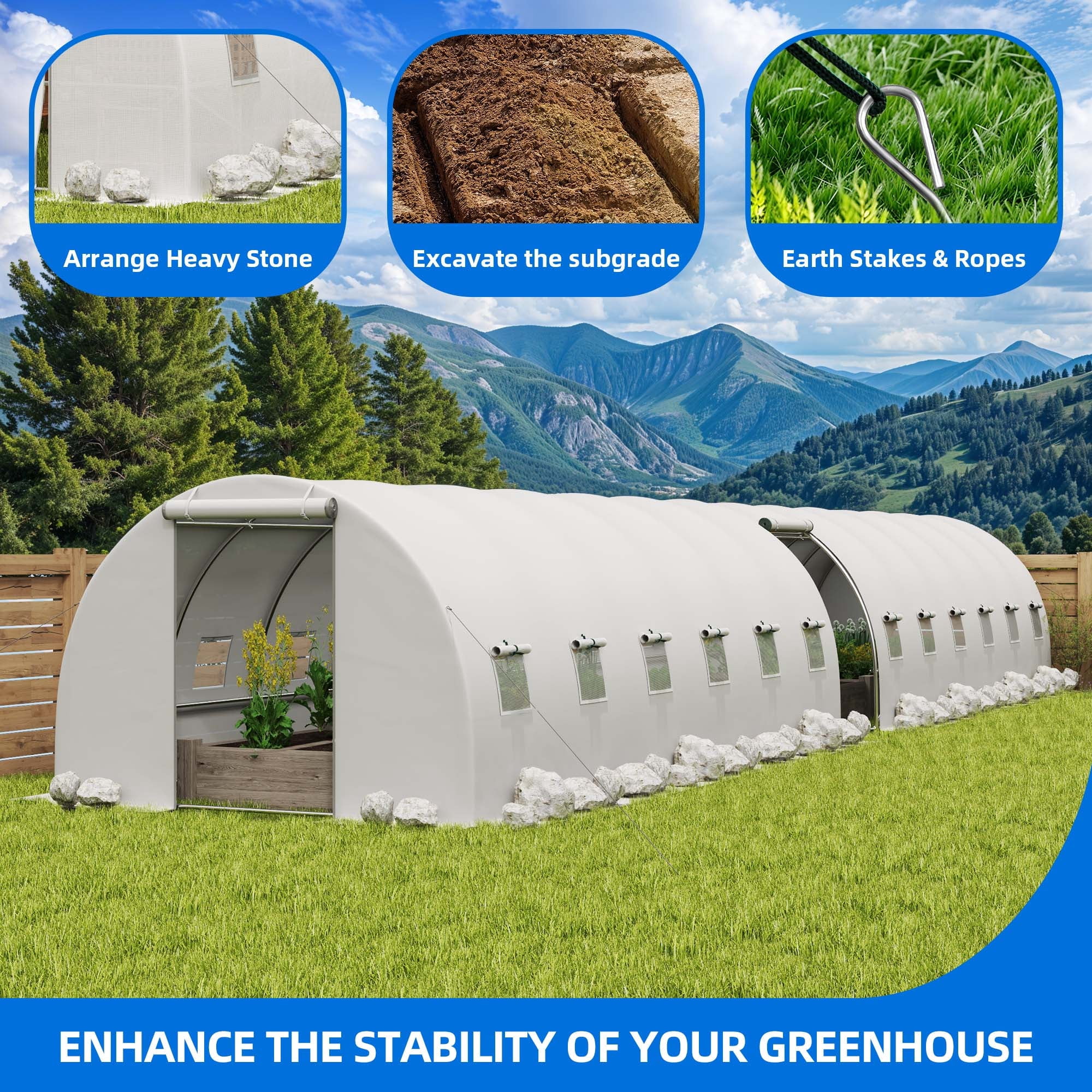 Uforic 44x10x7ft Outdoor Walk-In Tunnel Green House with Zipper Door for Planting, Gardening