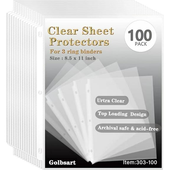 Sheet Protectors 8.5 x11 Inch, 100 Pack Page Protectors for 3 Ring Binder, Top Loading Plastic Sleeves with Reinforced 3-Hole Punch for Binders, Letter Size, for Documents and Photos, Office Supplies.