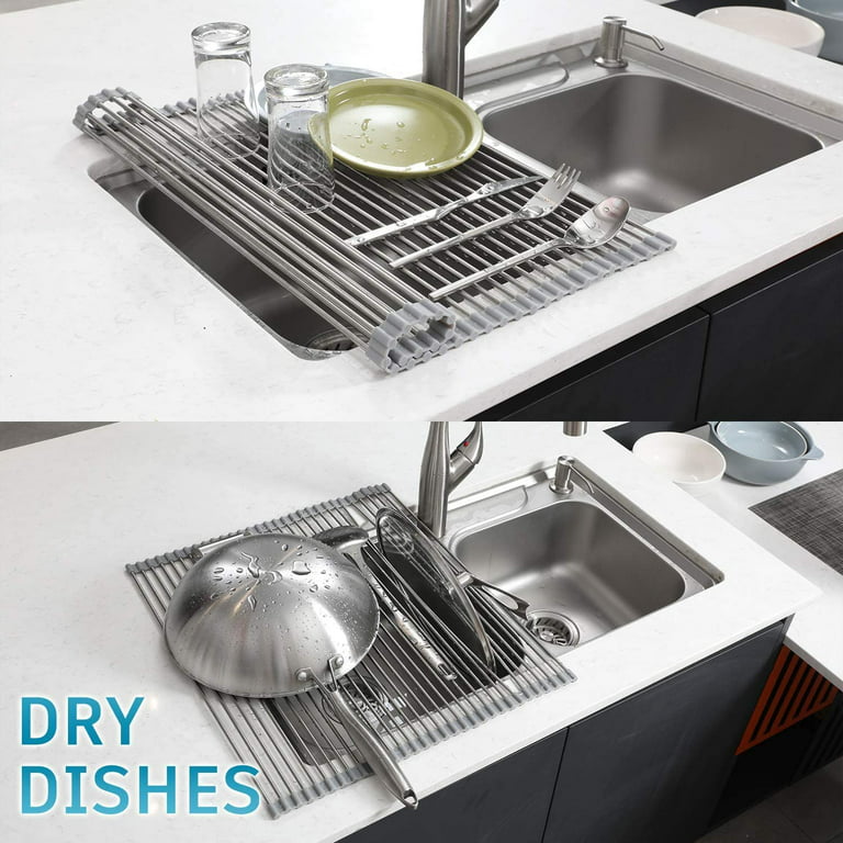Roll Up Dish Drying Rack - Stainless Steel and Silicone Dish Drying Mat  Over the Sink Foldable Drain Rack Multipurpose Dish Drainer