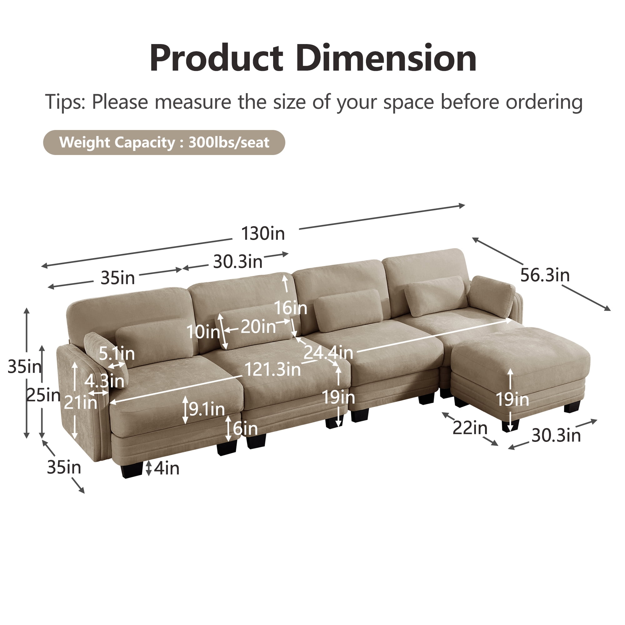 130" L Shape Modern Modular Sectional 4 Seater Sofa Couch with Movable Ottoman and 6 Pillows