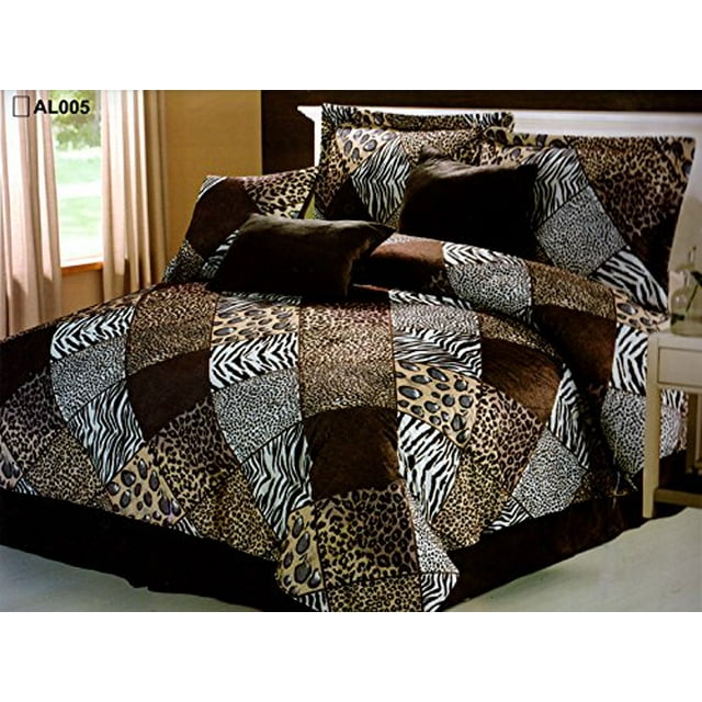 Grand Linen Brown/Black/White Comforter Set Animal Print Microfur Bed in A Bag Queen Size Bedding