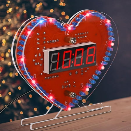 Heart Shaped 4-Digit DIY Clock Kits with Rotating LED Lights, SMT/SMD Soldering Practice Kit, DIY LED Heart Alarm Clock Soldering Projects for School Learning Electronics