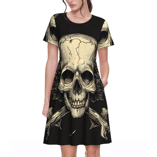 Balery Gothic Winged Skull Vestidos sueltos de manga corta para mujer, vestidos de verano 2025, vestidos casuales de corte A con vuelo.
